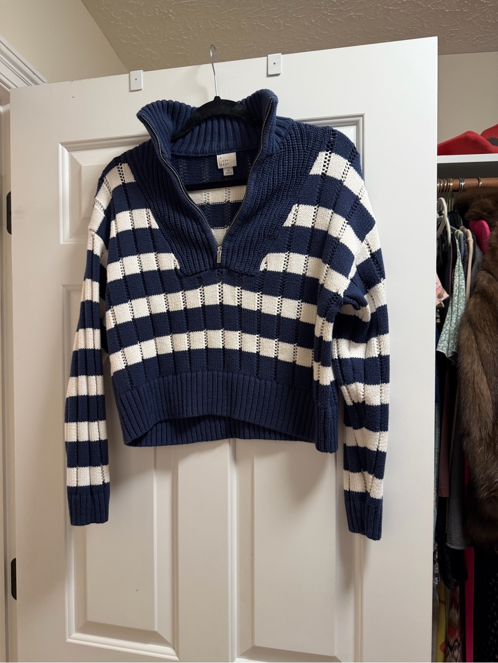A new day chunky knit striped sweater in navy blue and cream.